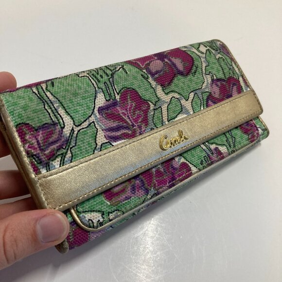 Vintage Coach Rare Ashley Floral Iris Tri-Fold Wallet Canvas and Leather Gold - Picture 3 of 12